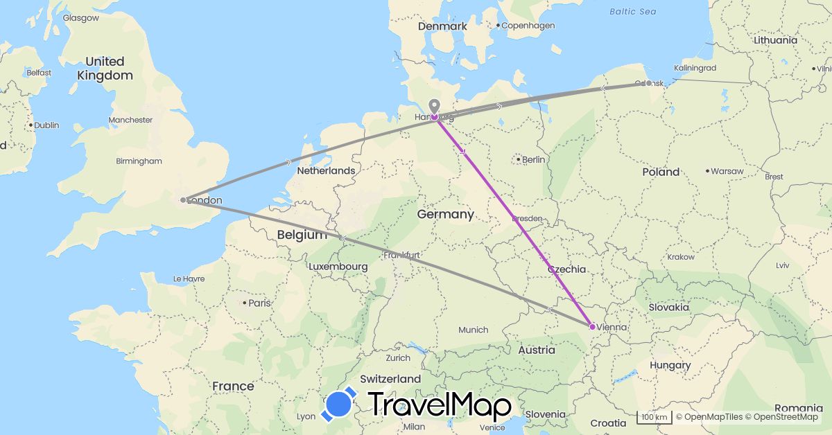 TravelMap itinerary: driving, plane, train in Austria, Germany, United Kingdom, Poland (Europe)