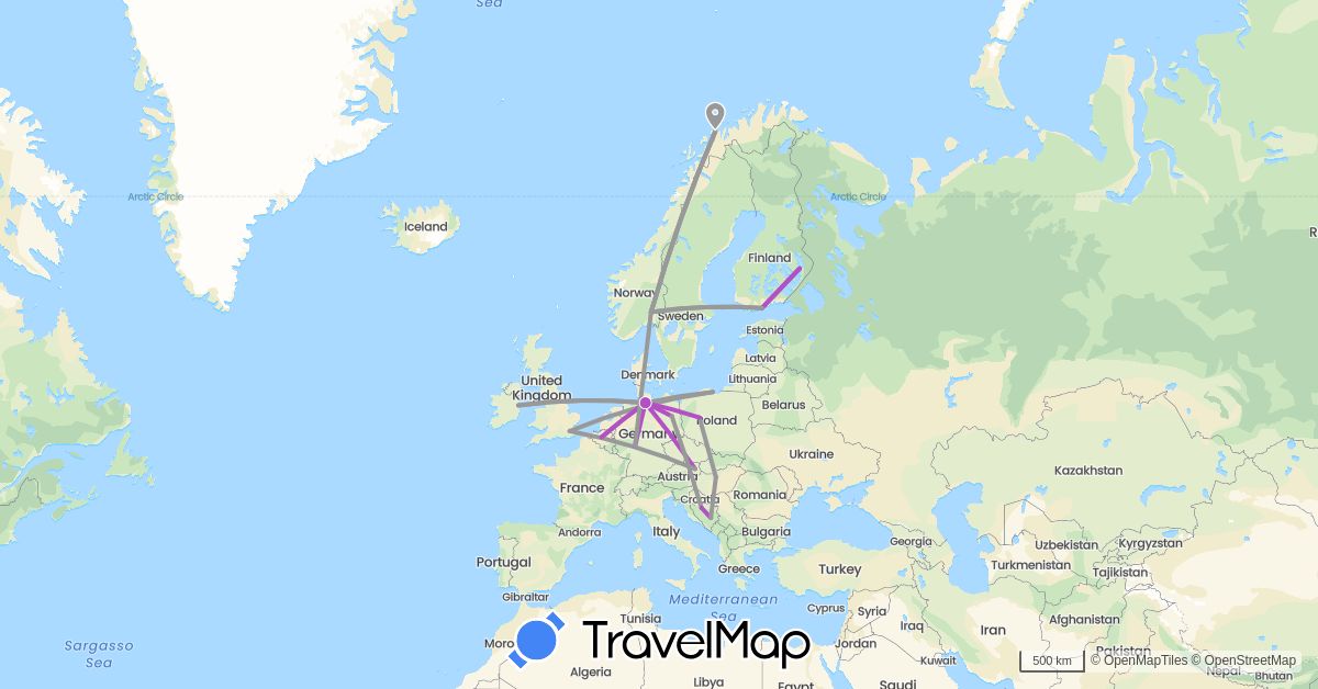TravelMap itinerary: driving, plane, train in Austria, Bosnia and Herzegovina, Belgium, Germany, Finland, United Kingdom, Hungary, Ireland, Norway, Poland (Europe)