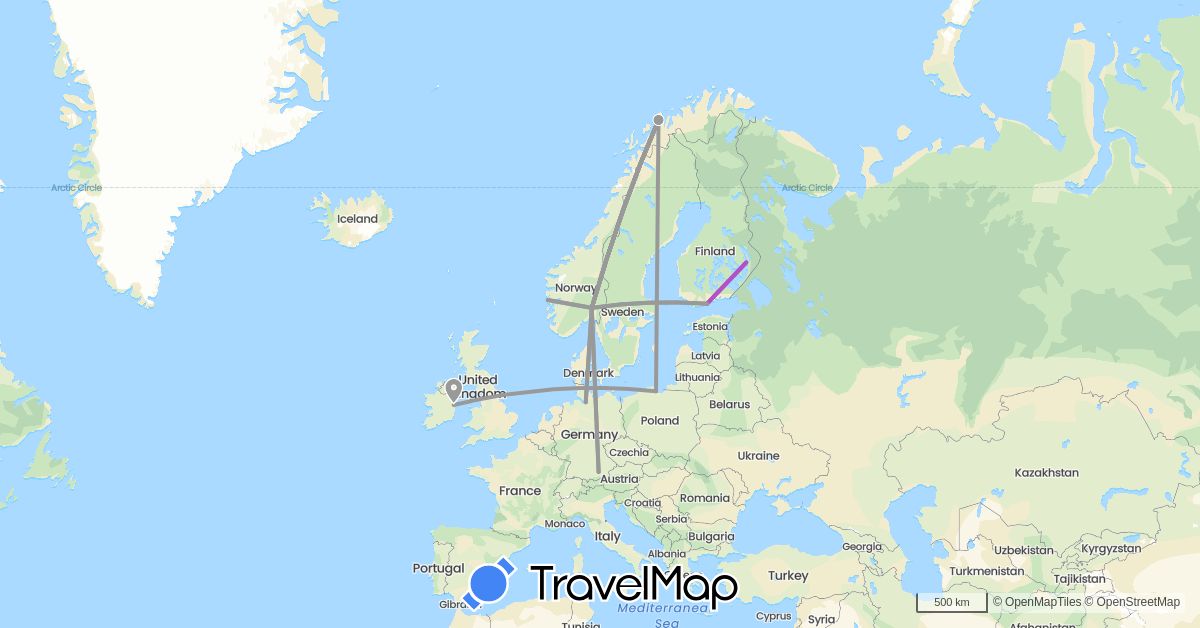 TravelMap itinerary: driving, plane, train in Germany, Finland, Ireland, Norway, Poland (Europe)