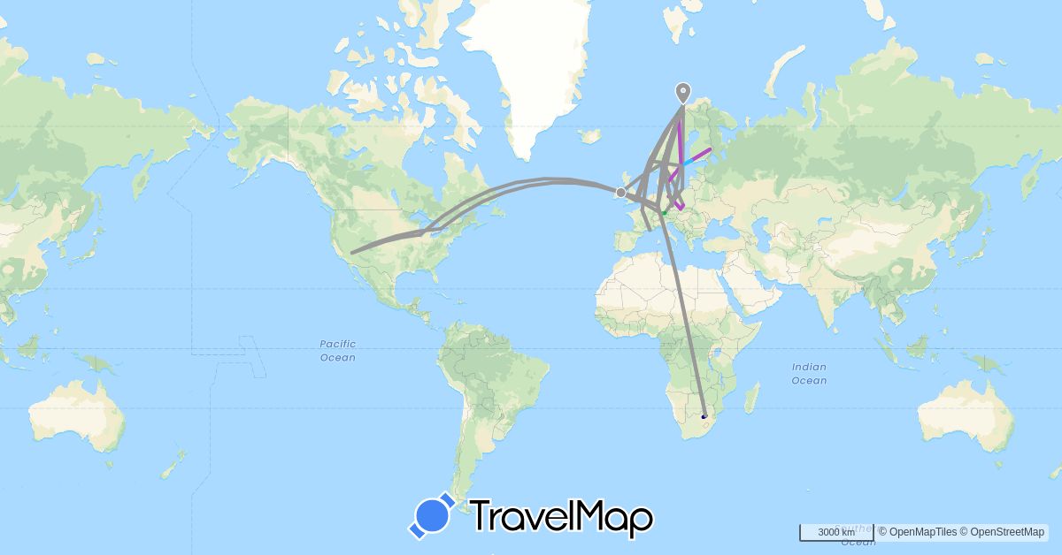 TravelMap itinerary: driving, bus, plane, train, boat in Canada, Czech Republic, Germany, Denmark, Finland, France, United Kingdom, Ireland, Norway, Poland, Sweden, United States, South Africa (Africa, Europe, North America)